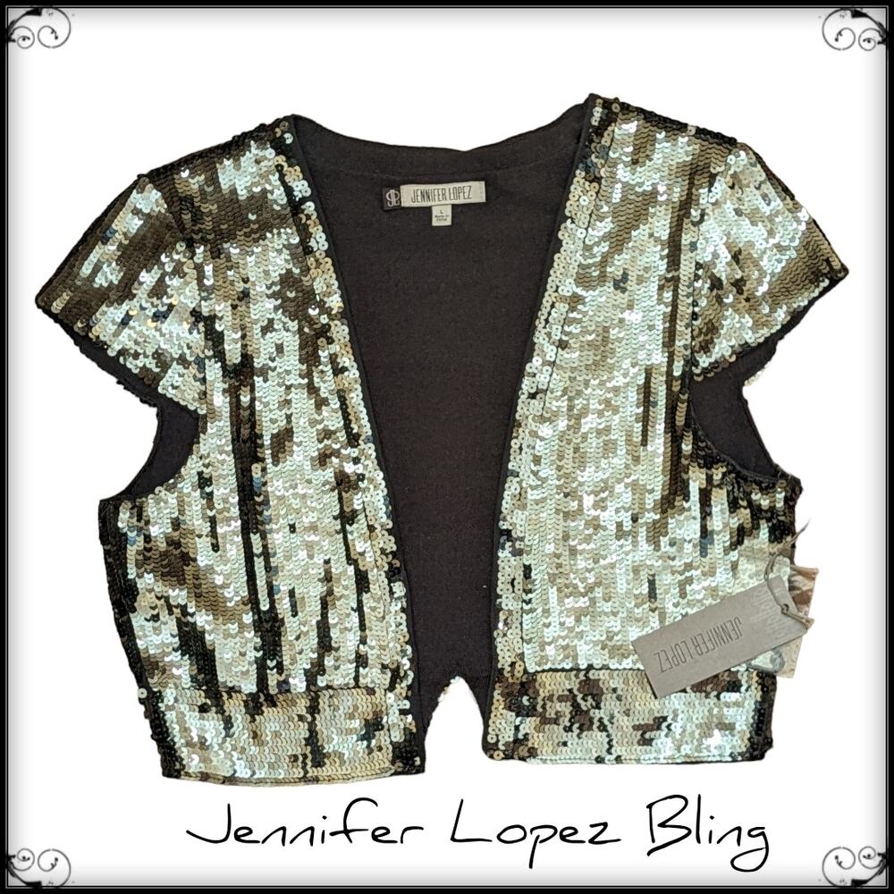 NWT Jennifer Lopez Relaxed Glamour All Over Sequins Bling Vest Gray Women L